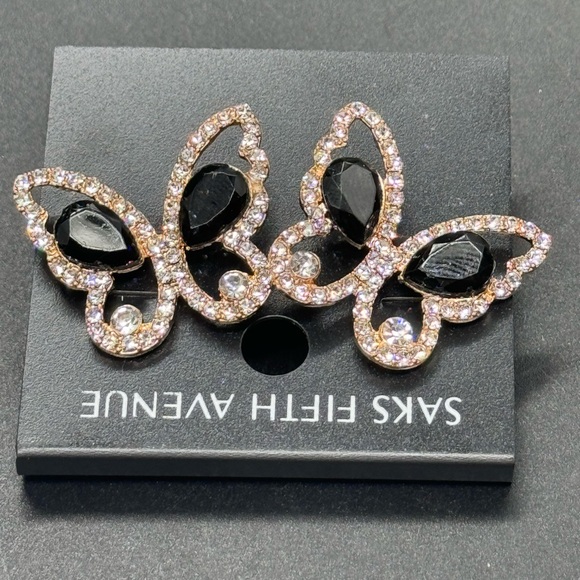 Saks Fifth Ave Gold Tone Butterfly with Black Crystal Post Earrings - Picture 3 of 4